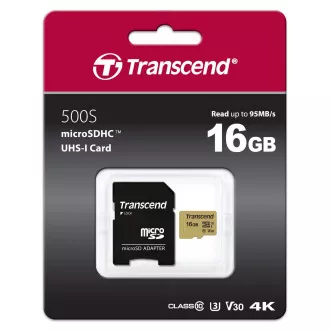 TRANSCEND MicroSDHC kartica 16GB 500S, UHS-I U3 V30 + adapter TRANSCEND MicroSDHC kartica 16GB 500S, UHS-I U3 V30 + adapter