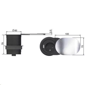 Solight 1x ugradna utičnica + 1x USB s kliznim poklopcem, ovalni poklopac od brušenog aluminija, produžni kabel 1,9m Solight 1x ugradna utičnica + 1x USB s kliznim poklopcem, ovalni poklopac od brušenog aluminija, produžni kabel 1,9m