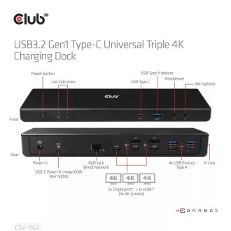 Club3D USB-C priključna stanica 13u1, 2xDP, 3xHDMI, 1xUSB-C, 5xUSB, 1xRJ45, 1x3,5 mm, crna