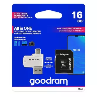 GOODRAM microSDHC kartica 16 GB M1A4 Sve u jednom (R: 100 / W: 10 MB / s), UHS-I Class 10, U1 + Adapter + OTG čitač kartica