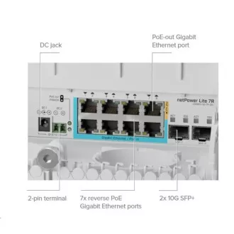 MikroTik CSS610-1Gi-7R-2S+OUT reverzni PoE prekidač, 8x Gigabit, 2x SFP+, 1x PoE izlaz, 7x PoE ulaz, 56Gbps