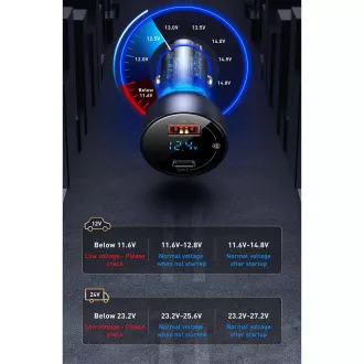 Baseus Particular Digital Display Dual Car adapter USB-A QC + USB-C 65W, siva