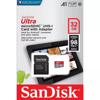 SanDisk MicroSDHC kartica 32GB Ultra (120MB/s, A1 Class 10 UHS-I, Android - Pakovanje za tablet, Memory Zone App) + adapter