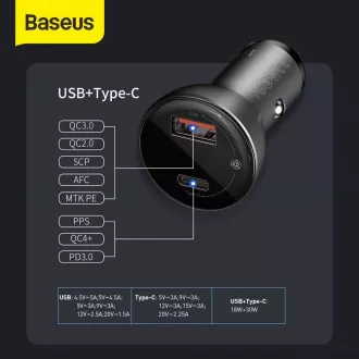Baseus PPS auto adapter sa zaslonom USB-C + USB-A 45W, siva