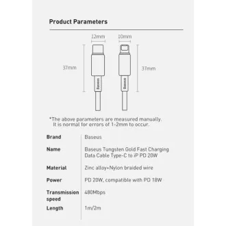 Baseus Tungsten Gold brzo punjenje/podatkovni kabel USB-C na Lightning PD 20W 2m, crni
