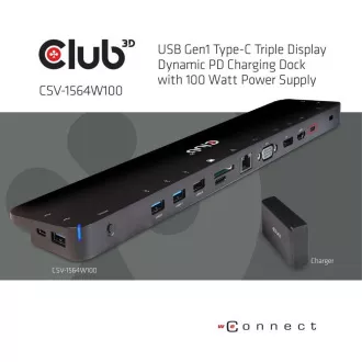 Club3D USB-C priključna stanica 14v1, 1xDP, 1xHDMI, 1xVGA, 2xUSB-C, 5xUSB, čitač SD kartica, 1xRJ45, crna