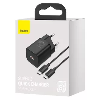 Baseus Super Si brzi punjač 1C 25W EU + kabel Type-C / Type-C 3A 1m crni