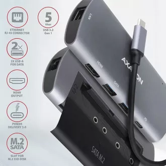 AXAGON HMC-6M2, USB 3.2 Gen 1 hub, portovi 2x USB-A, HDMI, RJ-45 GLAN, SATA M.2 utor, PD 100W, kabel USB-C 18cm AXAGON HMC-6M2, USB 3.2 Gen 1 hub, portovi 2x USB-A, HDMI, RJ-45 GLAN, SATA M.2 utor, PD 100W, kabel USB-C 18cm