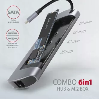 AXAGON HMC-6M2, USB 3.2 Gen 1 hub, portovi 2x USB-A, HDMI, RJ-45 GLAN, SATA M.2 utor, PD 100W, kabel USB-C 18cm AXAGON HMC-6M2, USB 3.2 Gen 1 hub, portovi 2x USB-A, HDMI, RJ-45 GLAN, SATA M.2 utor, PD 100W, kabel USB-C 18cm