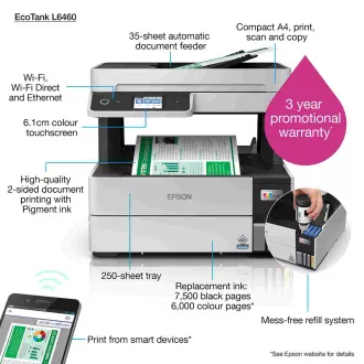EPSON EcoTank L6460 tintni pisač, 3u1, A4, 1200x4800dpi, 37ppm, USB, obostrani ispis, 5 godina jamstva nakon besplatne registracije EPSON EcoTank L6460 tintni pisač, 3u1, A4, 1200x4800dpi, 37ppm, USB, obostrani ispis, 5 godina jamstva nakon besplatne registracije