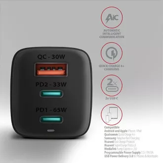 AXAGON ACU-DPQ65, GaN mrežni punjač 65W, 3x port (USB-A + dual USB-C), PD3.0/QC4+/PPS/Apple, crni AXAGON ACU-DPQ65, GaN mrežni punjač 65W, 3x port (USB-A + dual USB-C), PD3.0/QC4+/PPS/Apple, crni