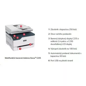 Xerox C235V_DNI, laser u boji. višenamjenski, A4, 22 ppm, duplex, ADF, WiFi / USB / Ethernet, 512 MB RAM-a, Apple AirPrint