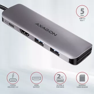 AXAGON HMC-5, USB 3.2 Gen 1 hub, portovi 2x USB-A, HDMI, SD / microSD utor, PD 100W, kabel USB-C 20cm
