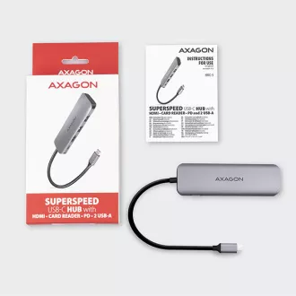 AXAGON HMC-5, USB 3.2 Gen 1 hub, portovi 2x USB-A, HDMI, SD / microSD utor, PD 100W, kabel USB-C 20cm