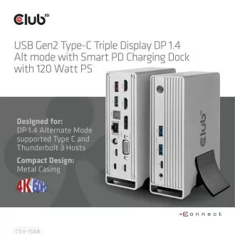 Club3D USB-C priključna stanica 12v1, 1xDP, 2xHDMI, 1xVGA, 2xUSB-C, 4xUSB, 1xRJ45, 1x3,5 mm, siva