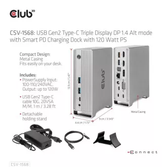 Club3D USB-C priključna stanica 12v1, 1xDP, 2xHDMI, 1xVGA, 2xUSB-C, 4xUSB, 1xRJ45, 1x3,5 mm, siva