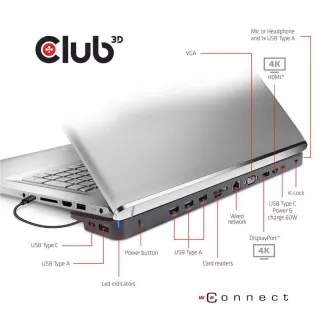 Club3D USB-C priključna stanica 14v1, 1xDP, 1xHDMI, 1xVGA, 2xUSB-C, 5xUSB, čitač SD kartica, crna Club3D USB-C priključna stanica 14v1, 1xDP, 1xHDMI, 1xVGA, 2xUSB-C, 5xUSB, čitač SD kartica, crna