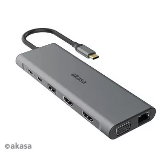 AKASA priključna stanica USB-C 14u1, USB-C (napajanje + podaci), USB 2.0, 2xHDMI, VGA, RJ45, USB 3.2, čitač kartica, 3, 5 mm priključak