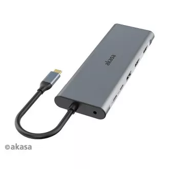 AKASA priključna stanica USB-C 14u1, USB-C (napajanje + podaci), USB 2.0, 2xHDMI, VGA, RJ45, USB 3.2, čitač kartica, 3, 5 mm priključak