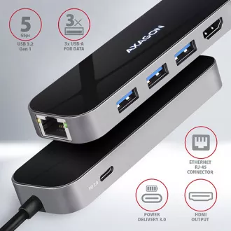 AXAGON HMC-6GL, USB 3.2 Gen 1 hub, portovi 3x USB-A, HDMI, RJ-45 GLAN, PD 60W, kabel USB-C 20cm