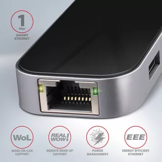 AXAGON HMC-6GL, USB 3.2 Gen 1 hub, portovi 3x USB-A, HDMI, RJ-45 GLAN, PD 60W, kabel USB-C 20cm