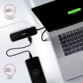 AXAGON HMC-6GL, USB 3.2 Gen 1 hub, portovi 3x USB-A, HDMI, RJ-45 GLAN, PD 60W, kabel USB-C 20cm