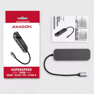 AXAGON HMC-6GL, USB 3.2 Gen 1 hub, portovi 3x USB-A, HDMI, RJ-45 GLAN, PD 60W, kabel USB-C 20cm