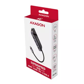 AXAGON HMC-6GL, USB 3.2 Gen 1 hub, portovi 3x USB-A, HDMI, RJ-45 GLAN, PD 60W, kabel USB-C 20cm