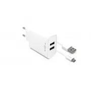 Fiksni mrežni punjač, konektor 2x USB-A, USB kabel -> micro USB dužina 1 m, 15 W, bijeli