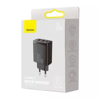 Baseus kompaktni adapter za brzo punjenje 2x USB-A, 1x Type-C 30W crni Baseus kompaktni adapter za brzo punjenje 2x USB-A, 1x Type-C 30W crni