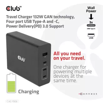 Club3D putni punjač 132W GAN tehnologija, 4xUSB-A i USB-C, PD 3.0 podrška