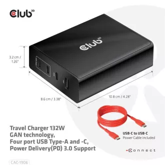Club3D putni punjač 132W GAN tehnologija, 4xUSB-A i USB-C, PD 3.0 podrška