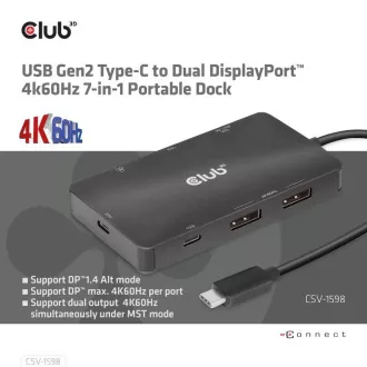 Club3D USB-C 7-u-1 priključna stanica, 2xDP, 2xUSB-C, 2xUSB, 1xRJ45, crna