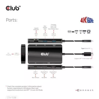 Club3D USB-C 7-u-1 priključna stanica, 2xDP, 2xUSB-C, 2xUSB, 1xRJ45, crna