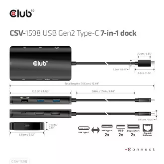 Club3D USB-C 7-u-1 priključna stanica, 2xDP, 2xUSB-C, 2xUSB, 1xRJ45, crna
