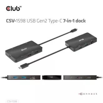 Club3D USB-C 7-u-1 priključna stanica, 2xDP, 2xUSB-C, 2xUSB, 1xRJ45, crna