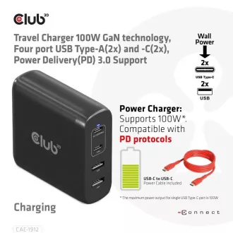Club3D putni punjač 100W GAN tehnologija, 2xUSB-A i 2xUSB-C, PD 3.0 podrška