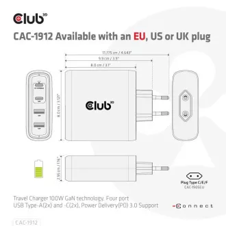 Club3D putni punjač 100W GAN tehnologija, 2xUSB-A i 2xUSB-C, PD 3.0 podrška