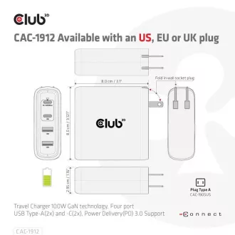 Club3D putni punjač 100W GAN tehnologija, 2xUSB-A i 2xUSB-C, PD 3.0 podrška