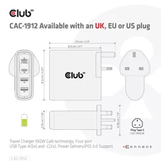 Club3D putni punjač 100W GAN tehnologija, 2xUSB-A i 2xUSB-C, PD 3.0 podrška
