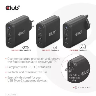 Club3D putni punjač 100W GAN tehnologija, 2xUSB-A i 2xUSB-C, PD 3.0 podrška