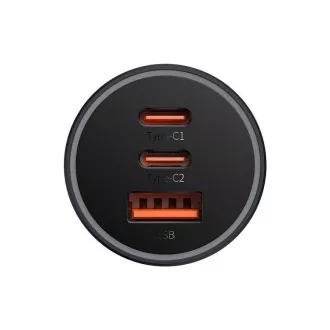 Baseus adapter za brzo punjenje za auto 2*USB-C + USB-A 65W tamno sivi