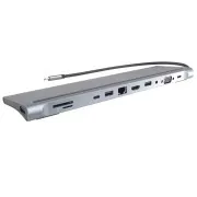 PREMIUMCORD USB-C 10v1 priključna stanica, 1xHDMI, 1xVGA, 2xUSB-C, 3xUSB, 1xRJ45, čitač SD kartica, siva