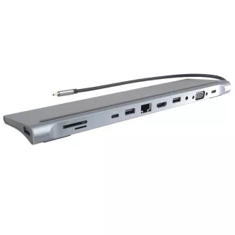 PREMIUMCORD USB-C 10v1 priključna stanica, 1xHDMI, 1xVGA, 2xUSB-C, 3xUSB, 1xRJ45, čitač SD kartica, siva