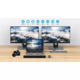 PREMIUMCORD USB-C 10v1 priključna stanica, 1xHDMI, 1xVGA, 2xUSB-C, 3xUSB, 1xRJ45, čitač SD kartica, siva