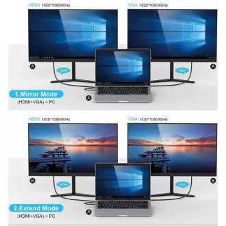 PREMIUMCORD USB-C 10v1 priključna stanica, 1xHDMI, 1xVGA, 2xUSB-C, 3xUSB, 1xRJ45, čitač SD kartica, siva