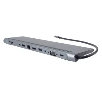 PREMIUMCORD USB-C 10v1 priključna stanica, 1xHDMI, 1xVGA, 2xUSB-C, 3xUSB, 1xRJ45, čitač SD kartica, siva