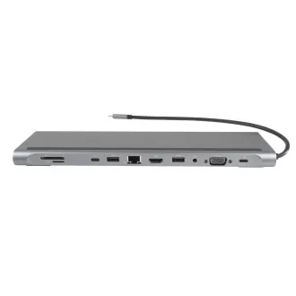 PREMIUMCORD USB-C 10v1 priključna stanica, 1xHDMI, 1xVGA, 2xUSB-C, 3xUSB, 1xRJ45, čitač SD kartica, siva