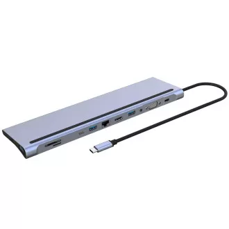 PREMIUMCORD USB-C 10v1 priključna stanica, 1xHDMI, 1xVGA, 2xUSB-C, 3xUSB, 1xRJ45, čitač SD kartica, siva