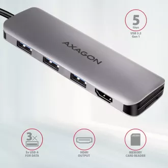 AXAGON HMC-HCR3A, USB 3.2 Gen 1 hub, 3x USB-A porta, HDMI 4k/30Hz, SD/microSD, USB-C kabel 20cm